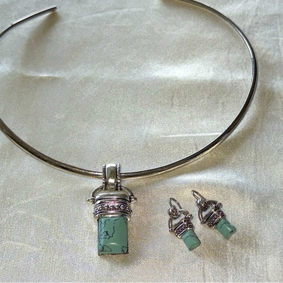 Boho Turquoise Stone Pendant Slide With Hook Turquoise Earrings Set Silver Tone - Picture 7 of 11